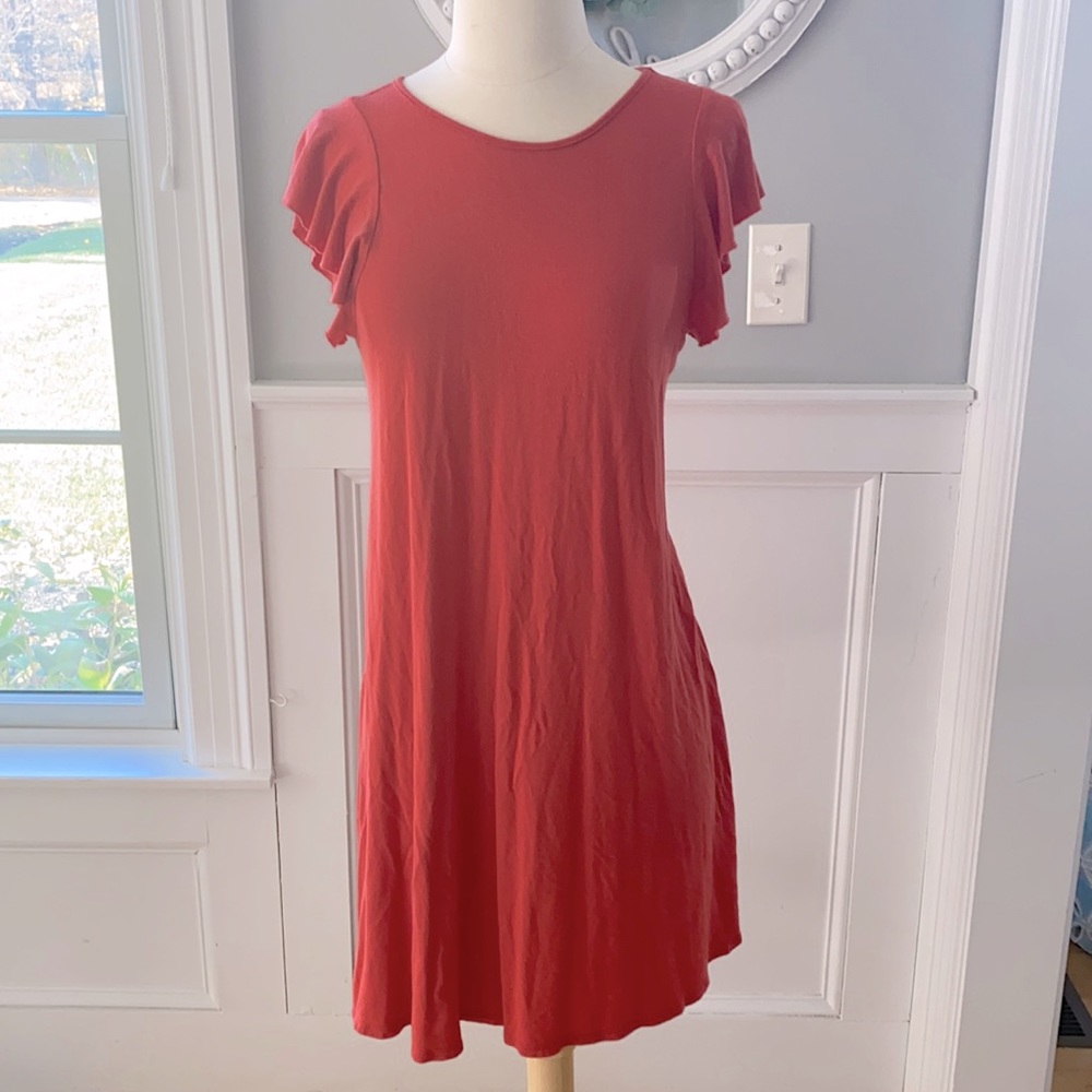 Orange cotton dress three dots size small flutter sleeves